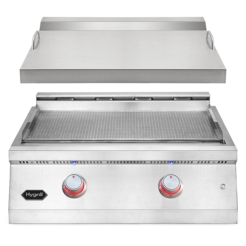 Hygrill 30-Inch Premium Built-In Natural Gas Griddle for Outdoor Kitchen, Durable 304 Stainless Steel 2-Burner Flat Top Grill with Lid and LED lights