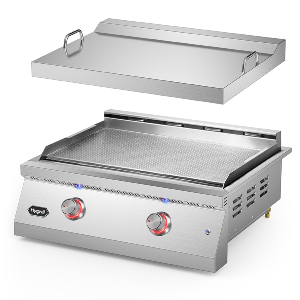 Hygrill 30-Inch Premium Built-In Liquid Propane Griddle for Outdoor Kitchen, Durable Stainless Steel 2-Burner Flat Top Grill with Lid and LED lights, 36000 BTUs