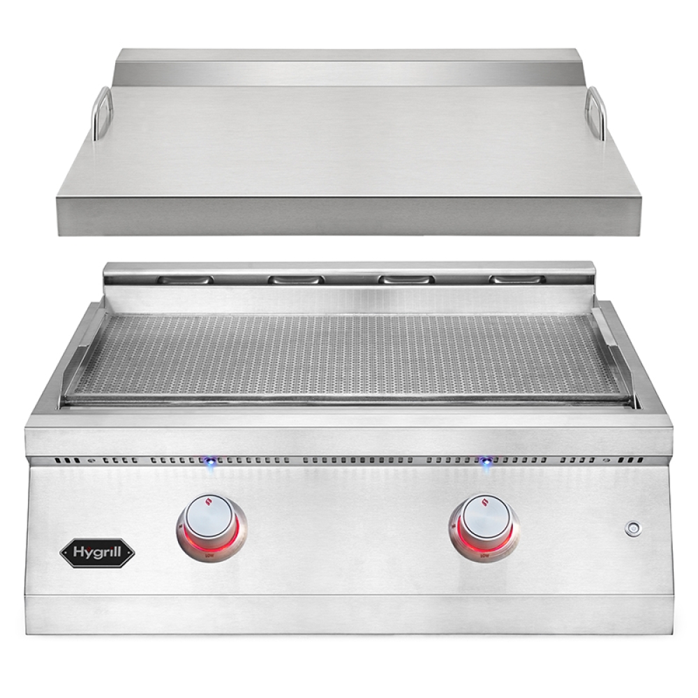Hygrill 30-Inch Premium Built-In Natural Gas Griddle for Outdoor Kitchen, Durable 304 Stainless Steel 2-Burner Flat Top Grill with Lid and LED lights