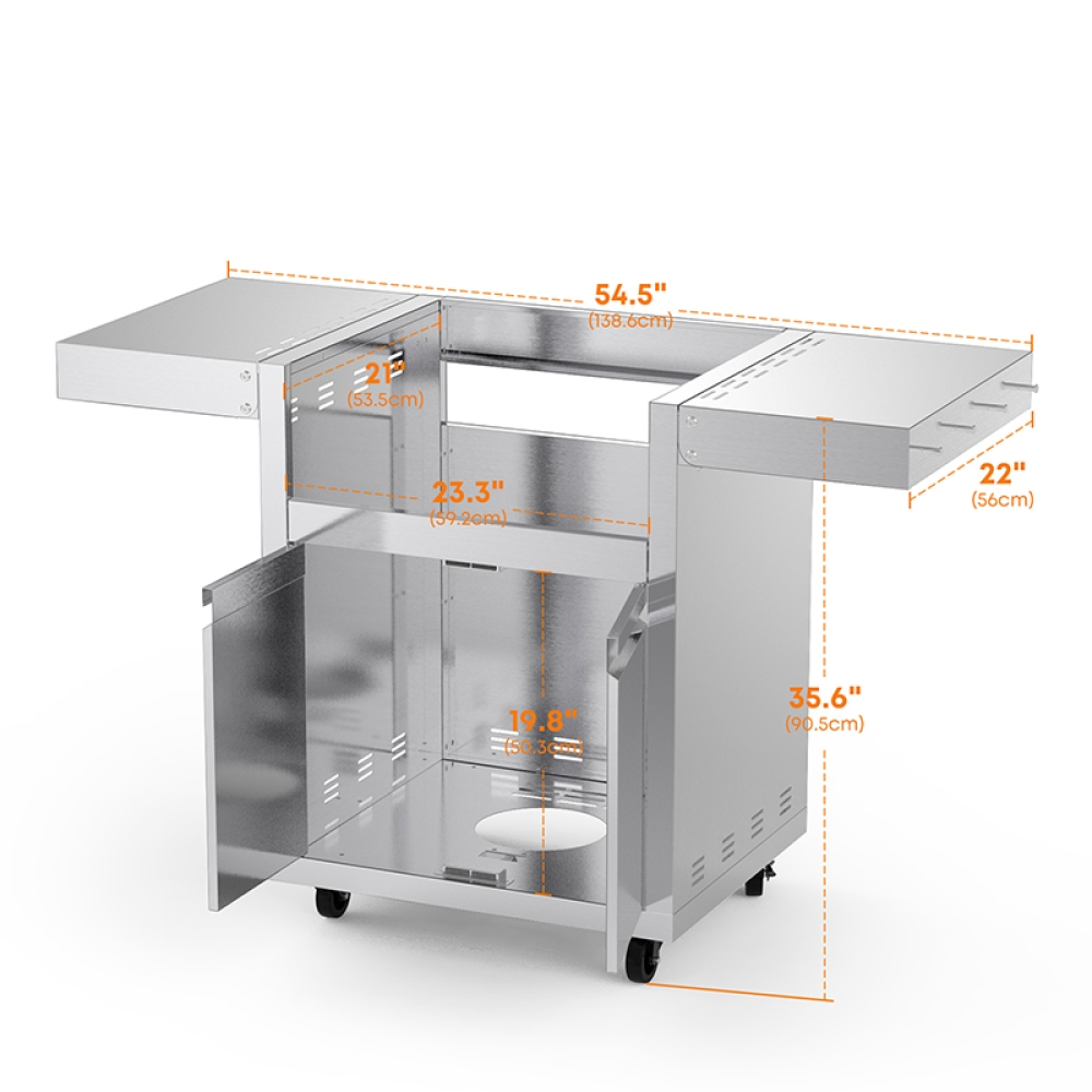 Hygrill Stainless Steel Grill Cart for Hygrill 3-Burner Built-In Gas Grill, Outdoor Kitchen Island with Foldable Side Shelves and Storage Cabinet