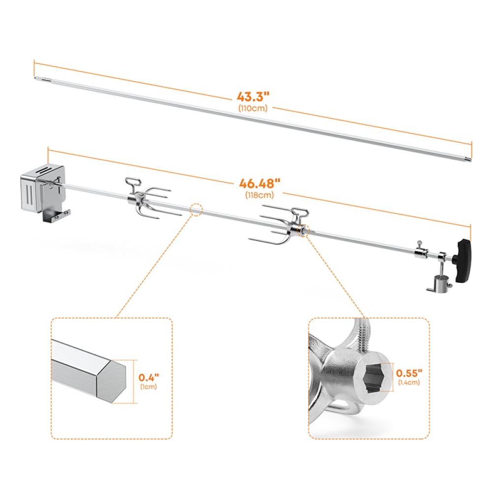 Hygrill Rotisserie Kit for All Hygrill 5-Burner Built-in Gas Grills, Grill Rotisseries with Motor, Spit Rod, 2 x 4-Prong Forks, Complete Holders, and Fixing Screws
