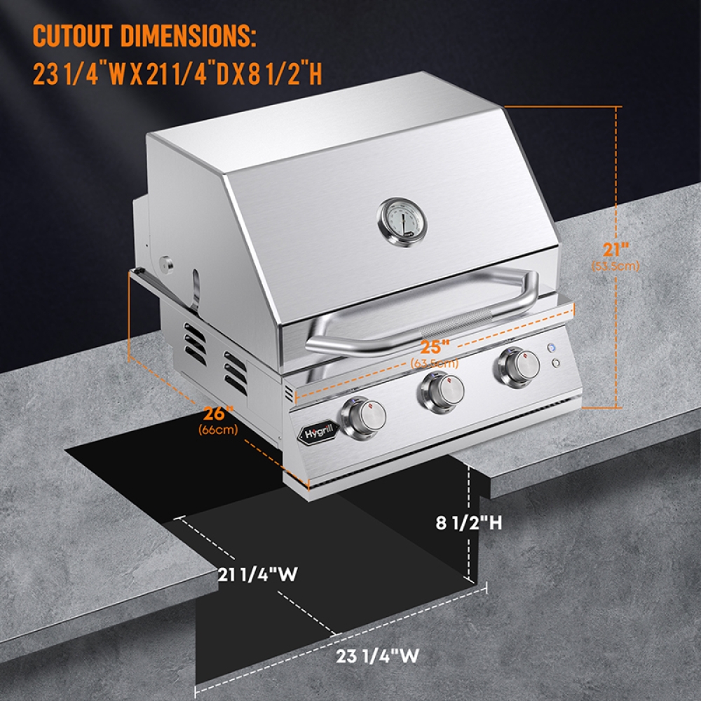 Hygrill Premium XTR 3-Burner Built In Grill, Stainless Steel Grill Head for Outdoor Kitchen with LED Lights, Liquid Propane