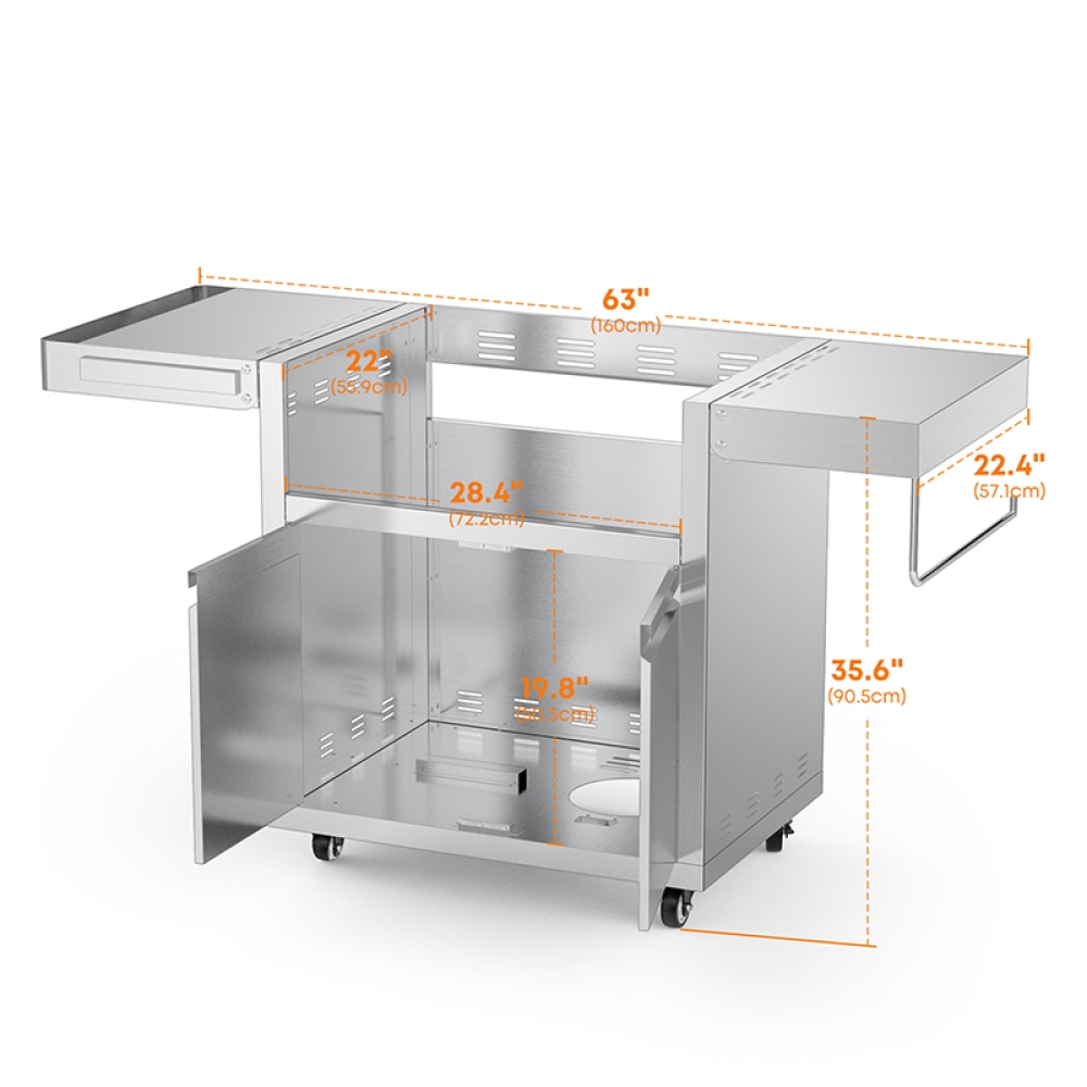 Hygrill Stainless Steel Grill Cart for Hygrill 2-Burner Built-In Griddle, Outdoor Kitchen Island with Foldable Side Shelves and Storage Cabinet