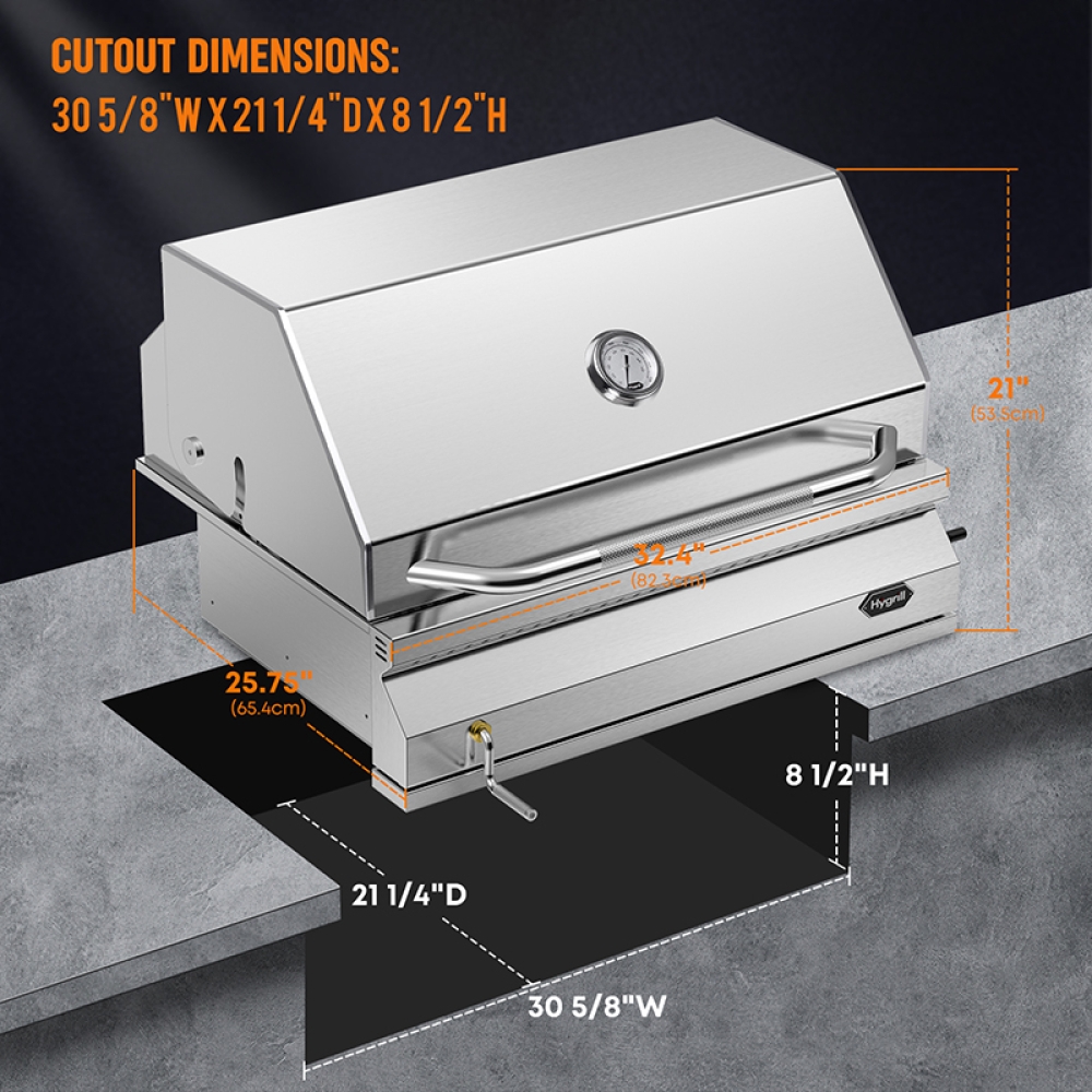 Hygrill Charcoal Grill Head for Outdoor Kitchen, 32-inch Stainless Steel Built-In Grill with Insulated Hood, Temperature Gauge and Fabric Cover