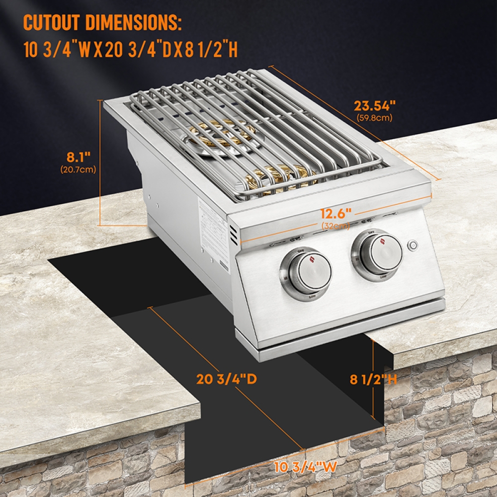 Hygrill 24,000BTU Liquid Propane Double Side Burner, Built In Double Grilling Side Burners for Outdoor Kitchen, Outdoor BBQ Grill Island