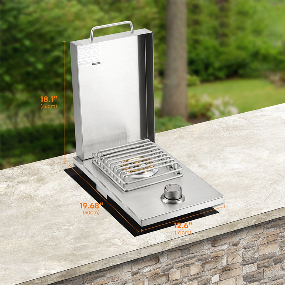 Hygrill Single Grilling Side Burners for Outdoor Kitchen, 304 Stainless Steel, Built-in Side Burner for Natural Gas