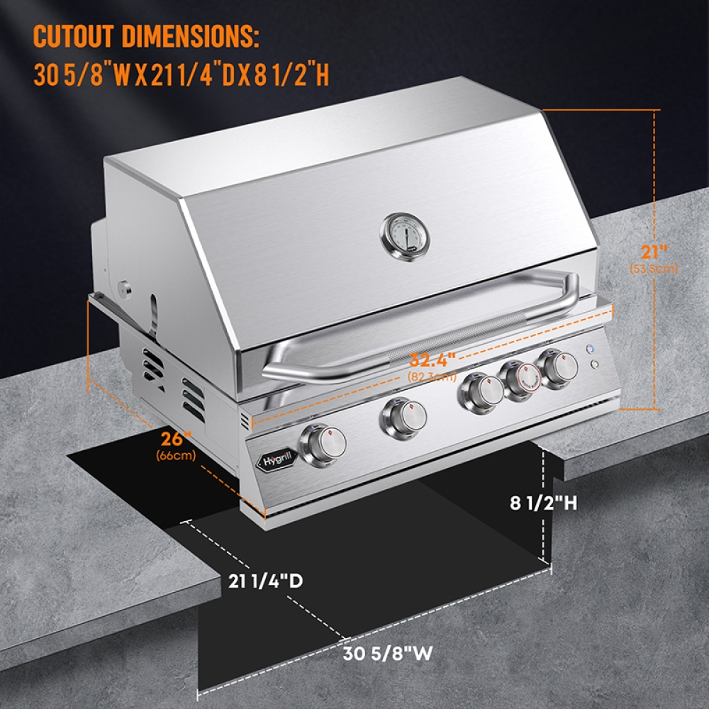 Hygrill Premium XTR 32-Inch Built In Grill, Stainless Steel 4-Burner Grill Head for Outdoor Kitchen with Rear Infrared Burner and LED Lights, Liquid Propane
