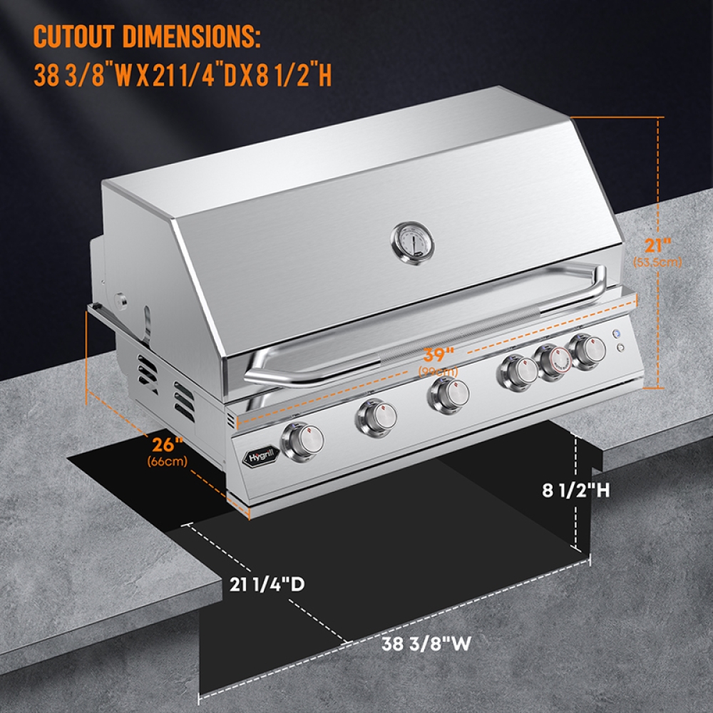 Hygrill Premium XTR 40-Inch Built In Grill, Stainless Steel 5-Burner Grill Head for Outdoor Kitchen with Rear Infrared Burner and LED Lights, Natural Gas