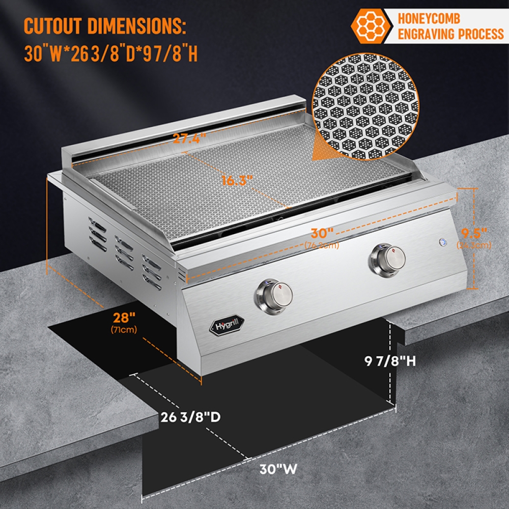 Hygrill 30-Inch Premium Built-In Liquid Propane Griddle for Outdoor Kitchen, Durable Stainless Steel 2-Burner Flat Top Grill with Lid and LED lights, 36000 BTUs