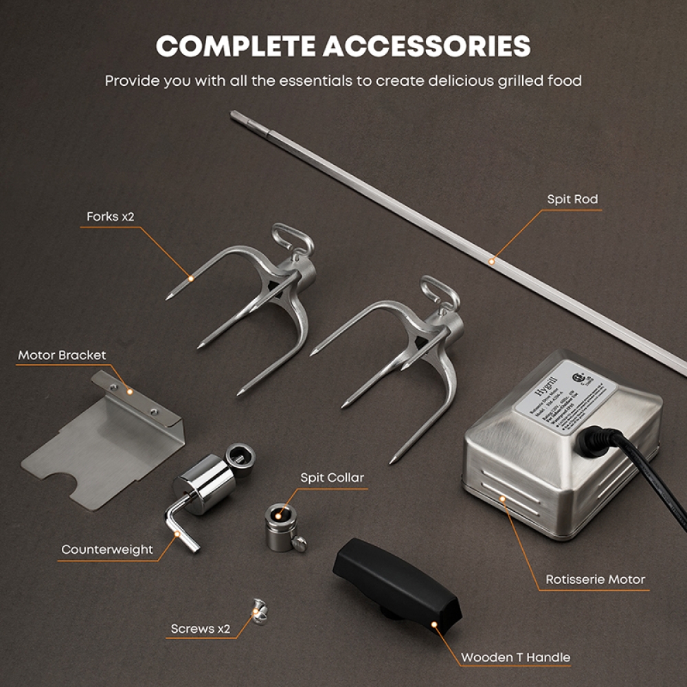 Hygrill Rotisserie Kit for All Hygrill 5-Burner Built-in Gas Grills, Grill Rotisseries with Motor, Spit Rod, 2 x 4-Prong Forks, Complete Holders, and Fixing Screws