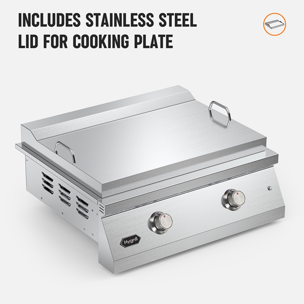 Hygrill 30-Inch Premium Built-In Natural Gas Griddle for Outdoor Kitchen, Durable 304 Stainless Steel 2-Burner Flat Top Grill with Lid and LED lights