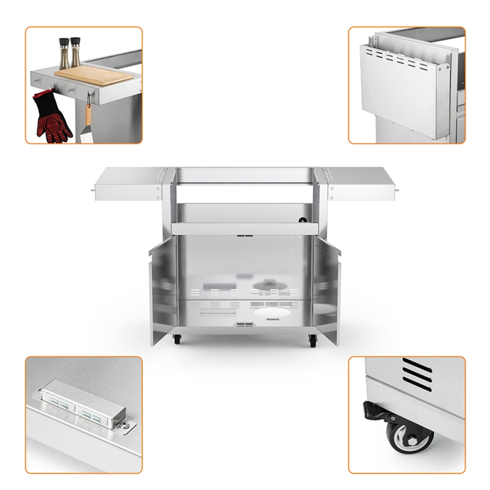 Stainless Steel Grill Cart for Hygrill 4-Burner Built-In Gas Grill, Outdoor Kitchen Island with Foldable Side Shelves and Storage Cabinet