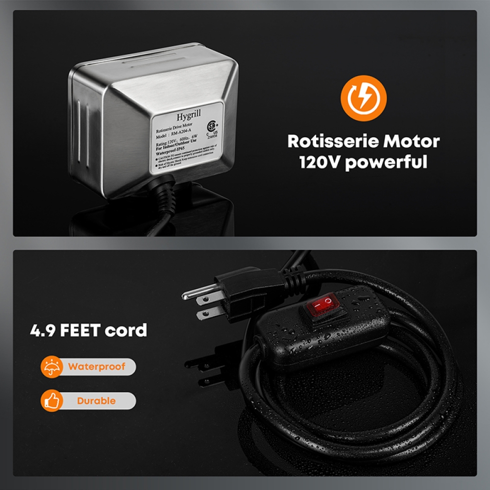 Hygrill Rotisserie Kit for All Hygrill 5-Burner Built-in Gas Grills, Grill Rotisseries with Motor, Spit Rod, 2 x 4-Prong Forks, Complete Holders, and Fixing Screws