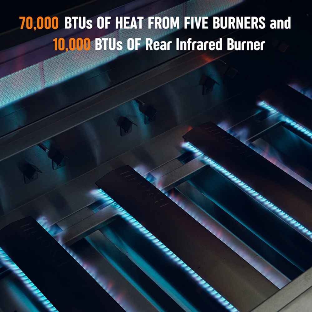 Hygrill Premium XTR 40-Inch Built In Grill, Stainless Steel 5-Burner Grill Head for Outdoor Kitchen with Rear Infrared Burner and LED Lights, Natural Gas