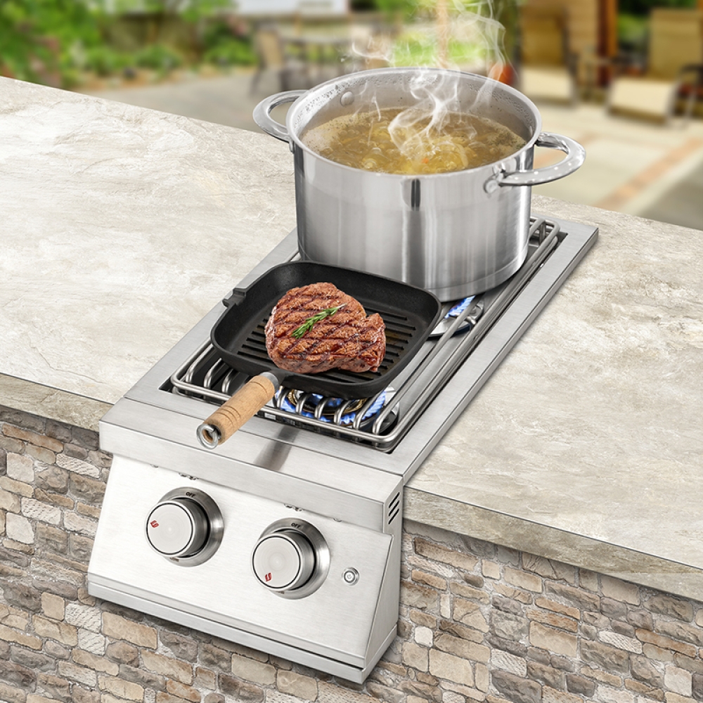 Hygrill 24,000BTU Liquid Propane Double Side Burner, Built In Double Grilling Side Burners for Outdoor Kitchen, Outdoor BBQ Grill Island