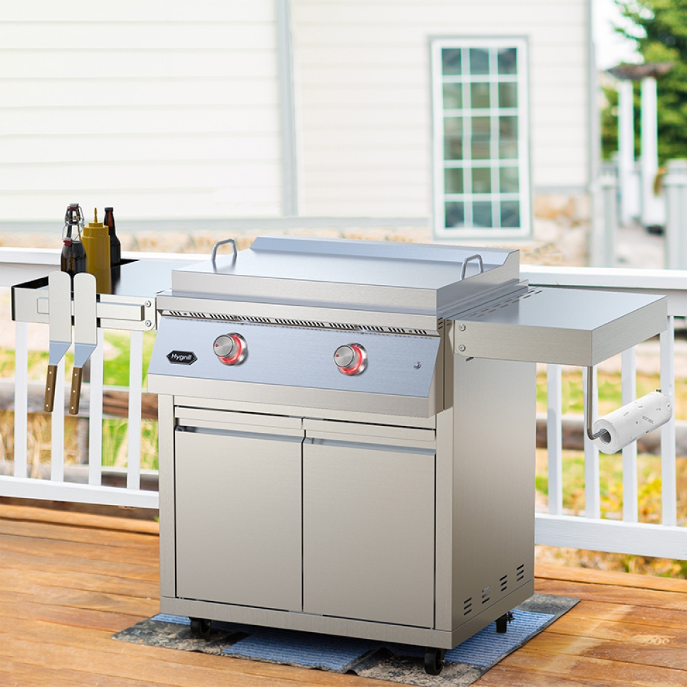 Hygrill Stainless Steel Grill Cart for Hygrill 2-Burner Built-In Griddle, Outdoor Kitchen Island with Foldable Side Shelves and Storage Cabinet