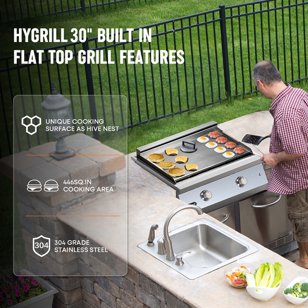 Hygrill 30-Inch Premium Built-In Liquid Propane Griddle for Outdoor Kitchen, Durable Stainless Steel 2-Burner Flat Top Grill with Lid and LED lights, 36000 BTUs