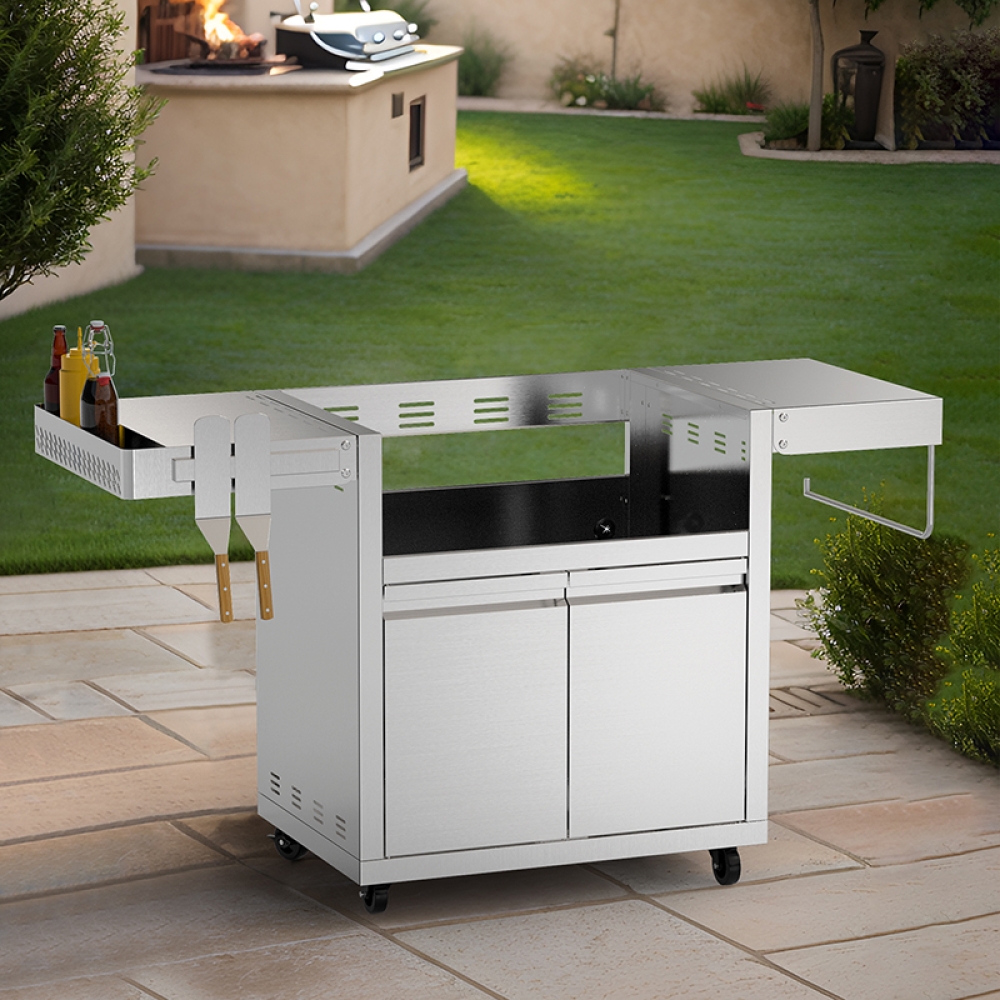 Hygrill Stainless Steel Grill Cart for Hygrill 2-Burner Built-In Griddle, Outdoor Kitchen Island with Foldable Side Shelves and Storage Cabinet