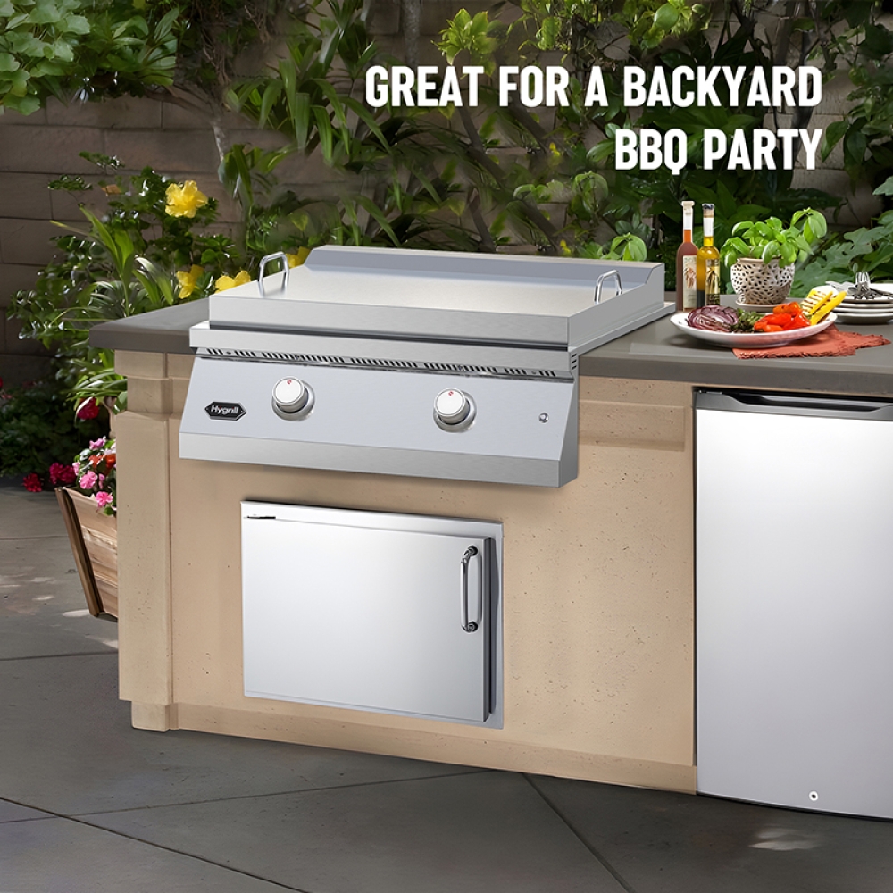 Hygrill 30-Inch Premium Built-In Natural Gas Griddle for Outdoor Kitchen, Durable 304 Stainless Steel 2-Burner Flat Top Grill with Lid and LED lights