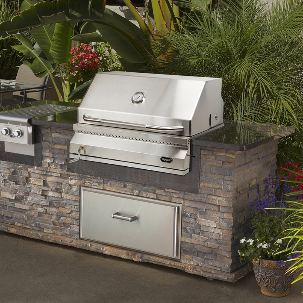 Hygrill Charcoal Grill Head for Outdoor Kitchen, 32-inch Stainless Steel Built-In Grill with Insulated Hood, Temperature Gauge and Fabric Cover